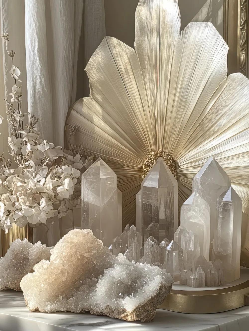 Crystals and a gilded fan arranged on a quiet altar