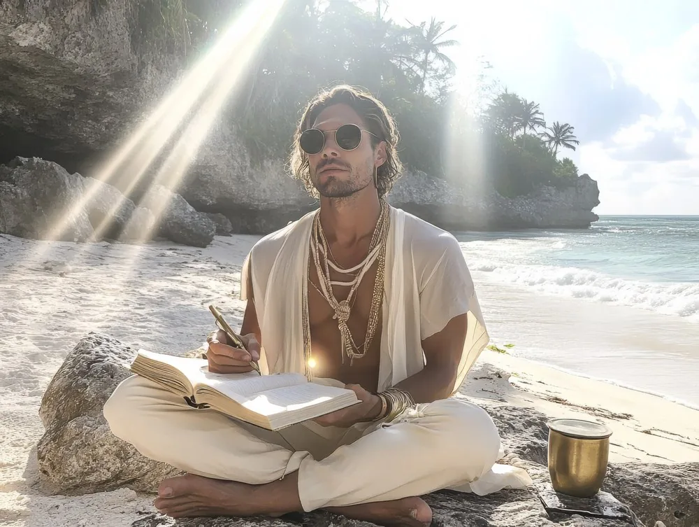 A journal open on a lap in warm morning light