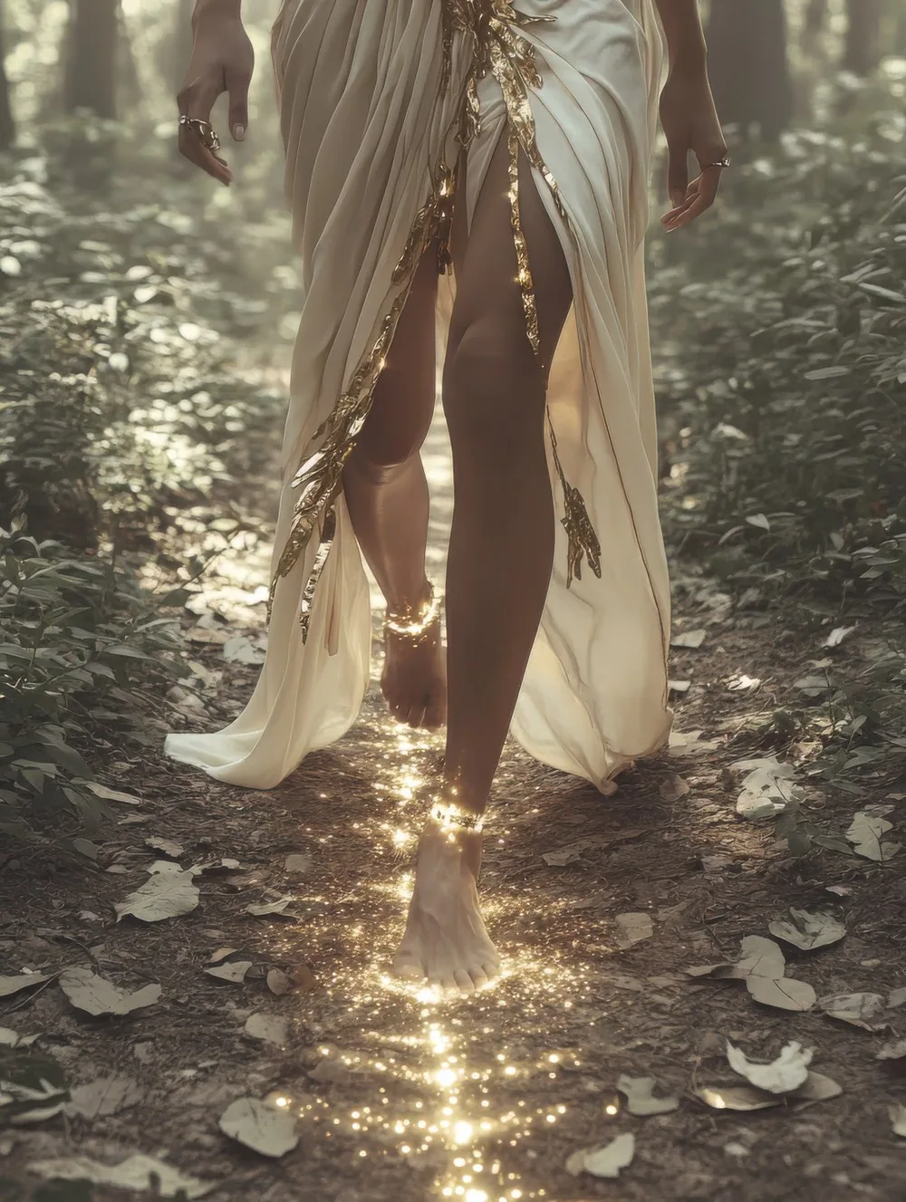 Walking barefoot along a path through a lush green forest