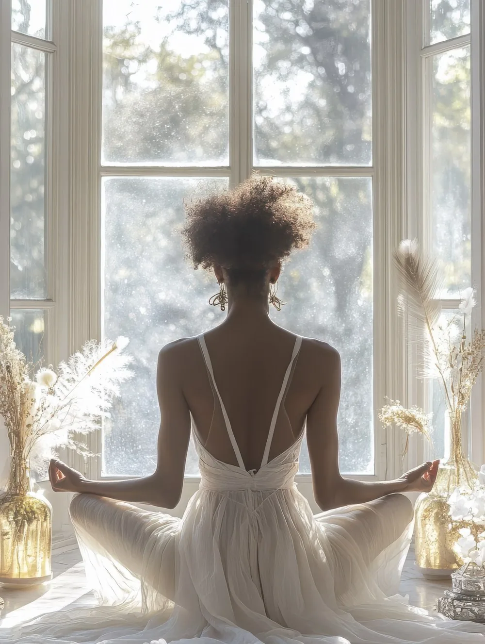 Someone sitting upright in a bright, sunlit room