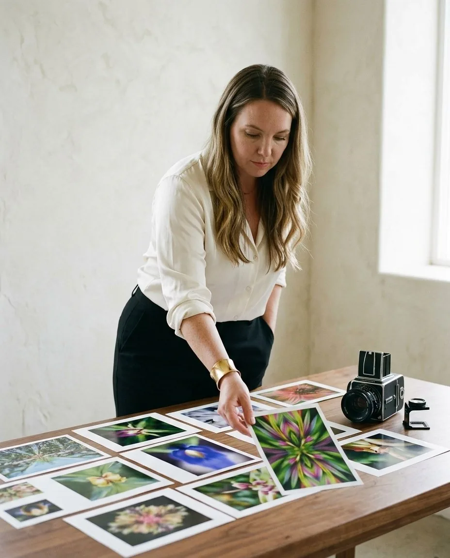 Gurudarshan Khalsa laying out her own prints across a table beside a medium-format camera