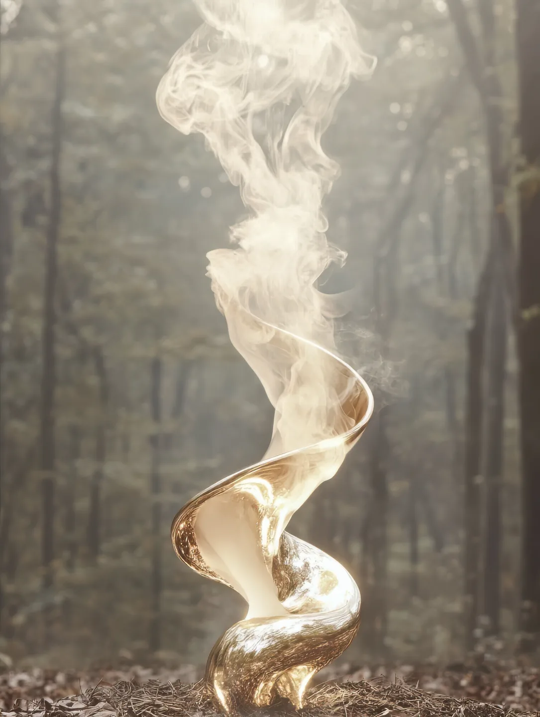 A gold spiral form rising out of the forest floor, smoke turning upward off it