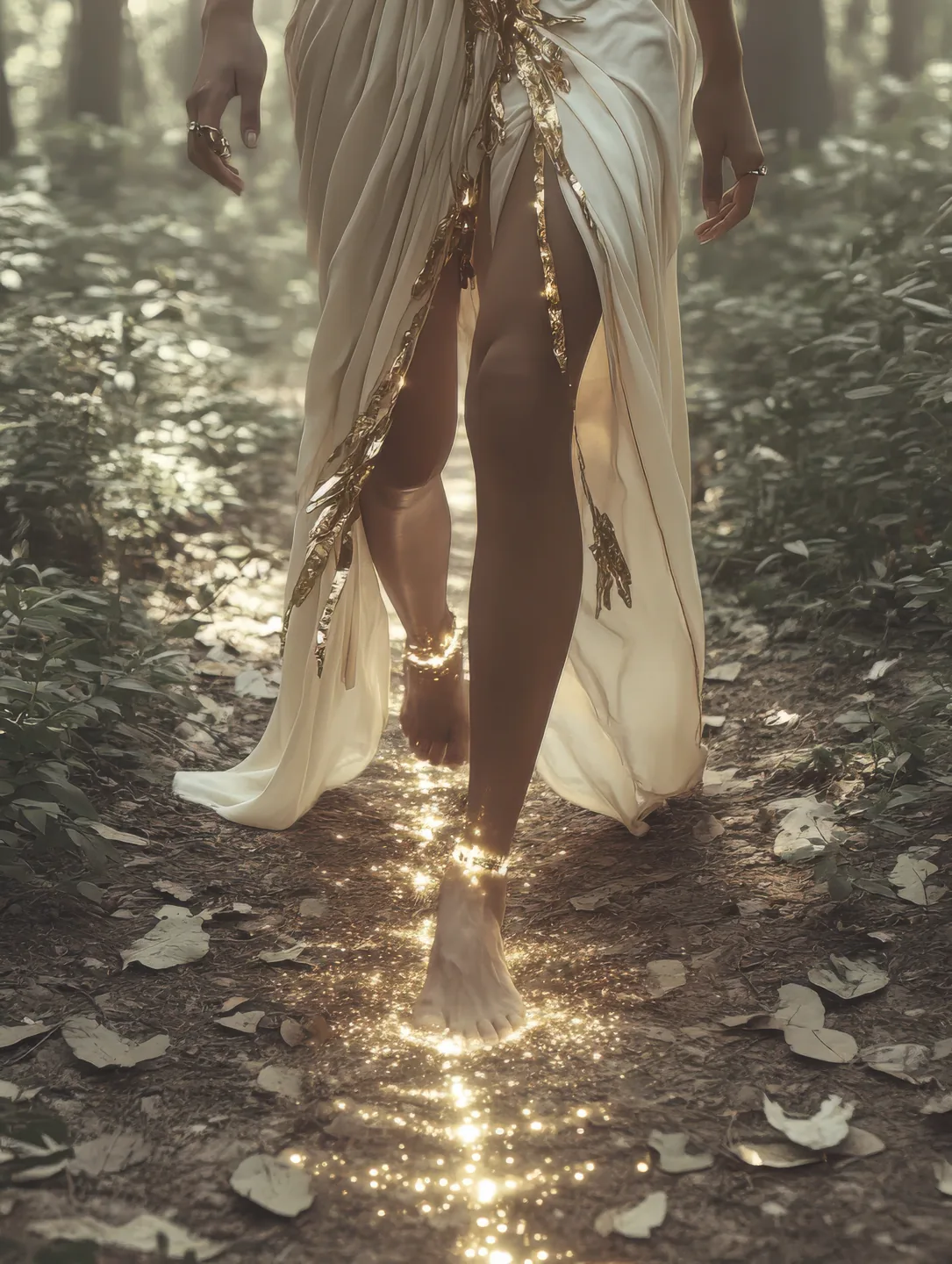 Walking barefoot along a forest path, light gathering in every footprint